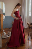 solvbao Burgundy Satin Long Strapless Prom Dresses with Pockets