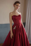 solvbao Burgundy Satin Long Strapless Prom Dresses with Pockets