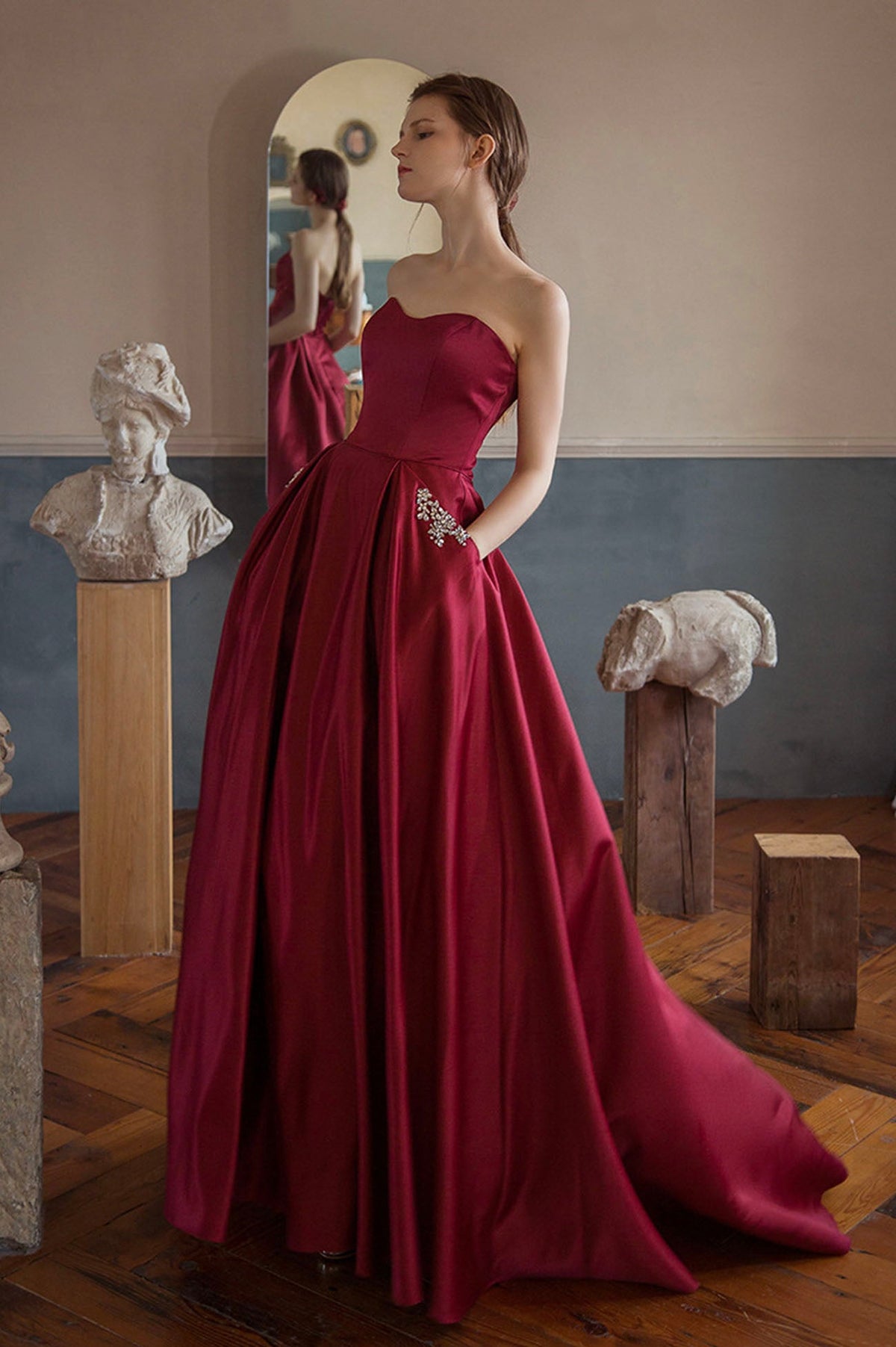 solvbao Burgundy Satin Long Strapless Prom Dresses with Pockets