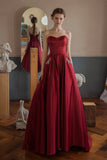 solvbao Burgundy Satin Long Strapless Prom Dresses with Pockets