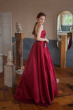 solvbao Burgundy Satin Long Strapless Prom Dresses with Pockets