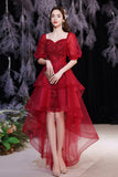 solvbao Red Lace High Low Party Dresses, A-Line Homecoming Dresses