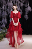 solvbao Red Lace High Low Party Dresses, A-Line Homecoming Dresses