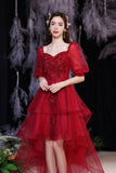 solvbao Red Lace High Low Party Dresses, A-Line Homecoming Dresses