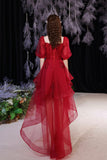 solvbao Red Lace High Low Party Dresses, A-Line Homecoming Dresses