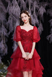 solvbao Red Lace High Low Party Dresses, A-Line Homecoming Dresses