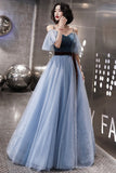 solvbao Blue Velvet Tulle Long Prom Dresses, A-Line Evening Dresses