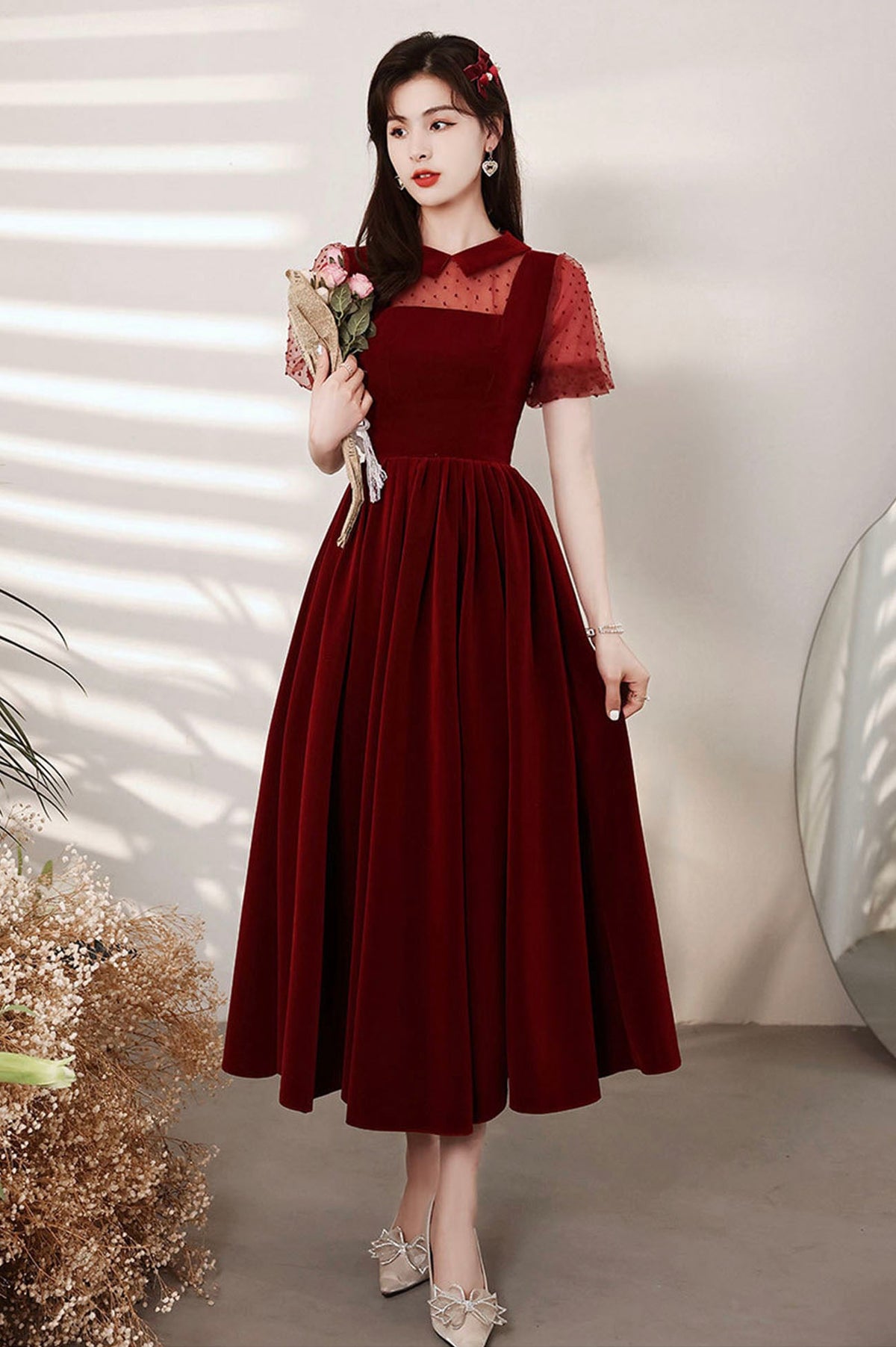 solvbao Burgundy Velvet Short Prom Dresses, A-Line Homecoming Dresses