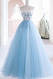 solvbao Blue Spaghetti Strap Tulle Beading Long A-Line Prom Dresses