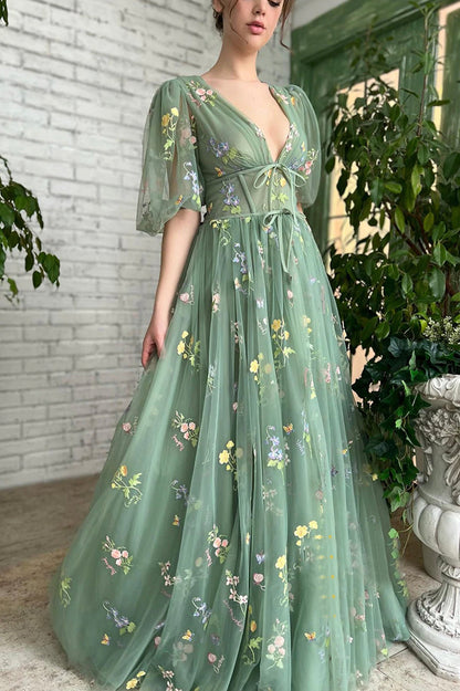 solvbao Green V-Neck Lace Long Prom Dress, A-Line Evening Dress