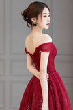 solvbao Burgundy Tulle Long Prom Dress, A-Line Off the Shoulder Evening Dress