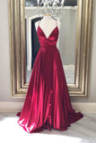 solvbao Burgundy Satin Long Prom Dresses, A-Line Backless Evening Dresses