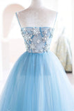 solvbao Blue Spaghetti Strap Tulle Beading Long A-Line Prom Dresses