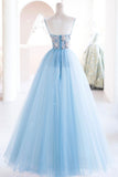 solvbao Blue Spaghetti Strap Tulle Beading Long A-Line Prom Dresses