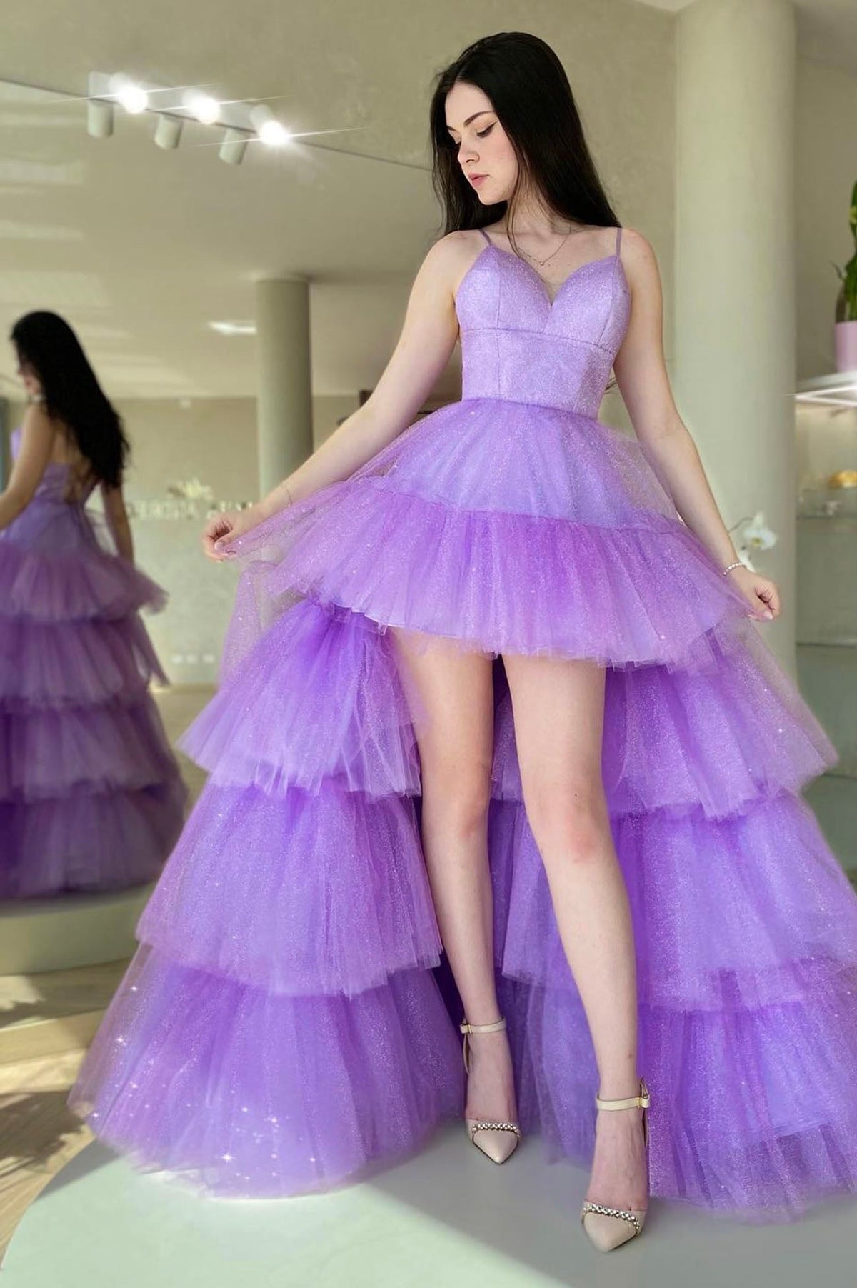 solvbao Purple Layers Tulle High Low Prom Dress, Cute A-line Party Dress