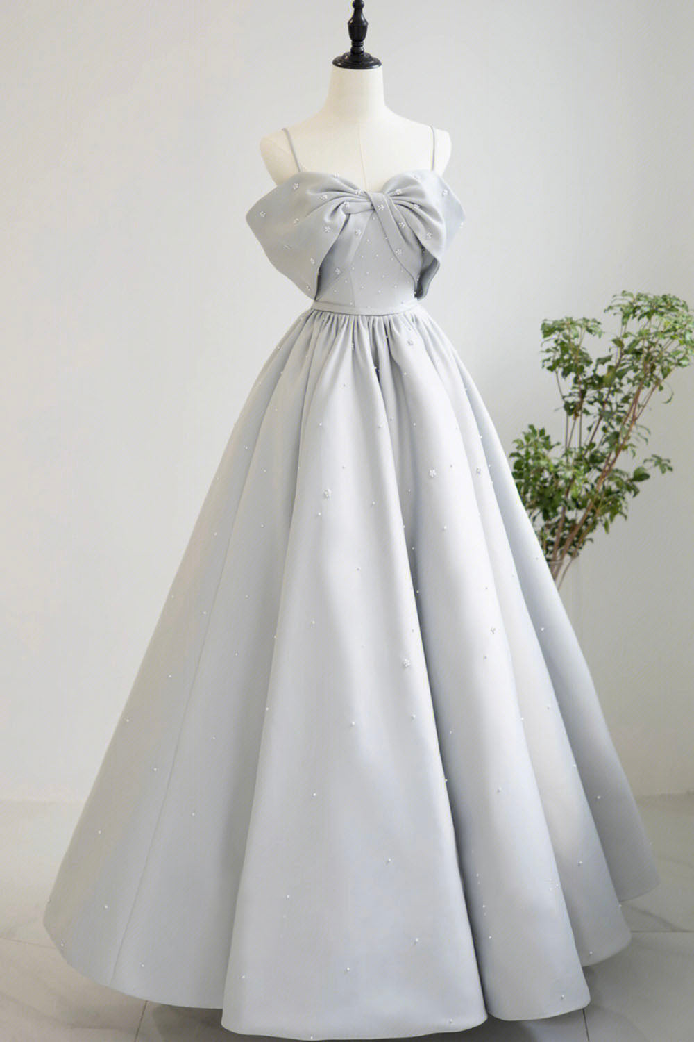 solvbao Gray Satin Long A-Line Prom Dress, Off the Shoulder Evening Dress with Pearls