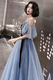 solvbao Blue Velvet Tulle Long Prom Dresses, A-Line Evening Dresses