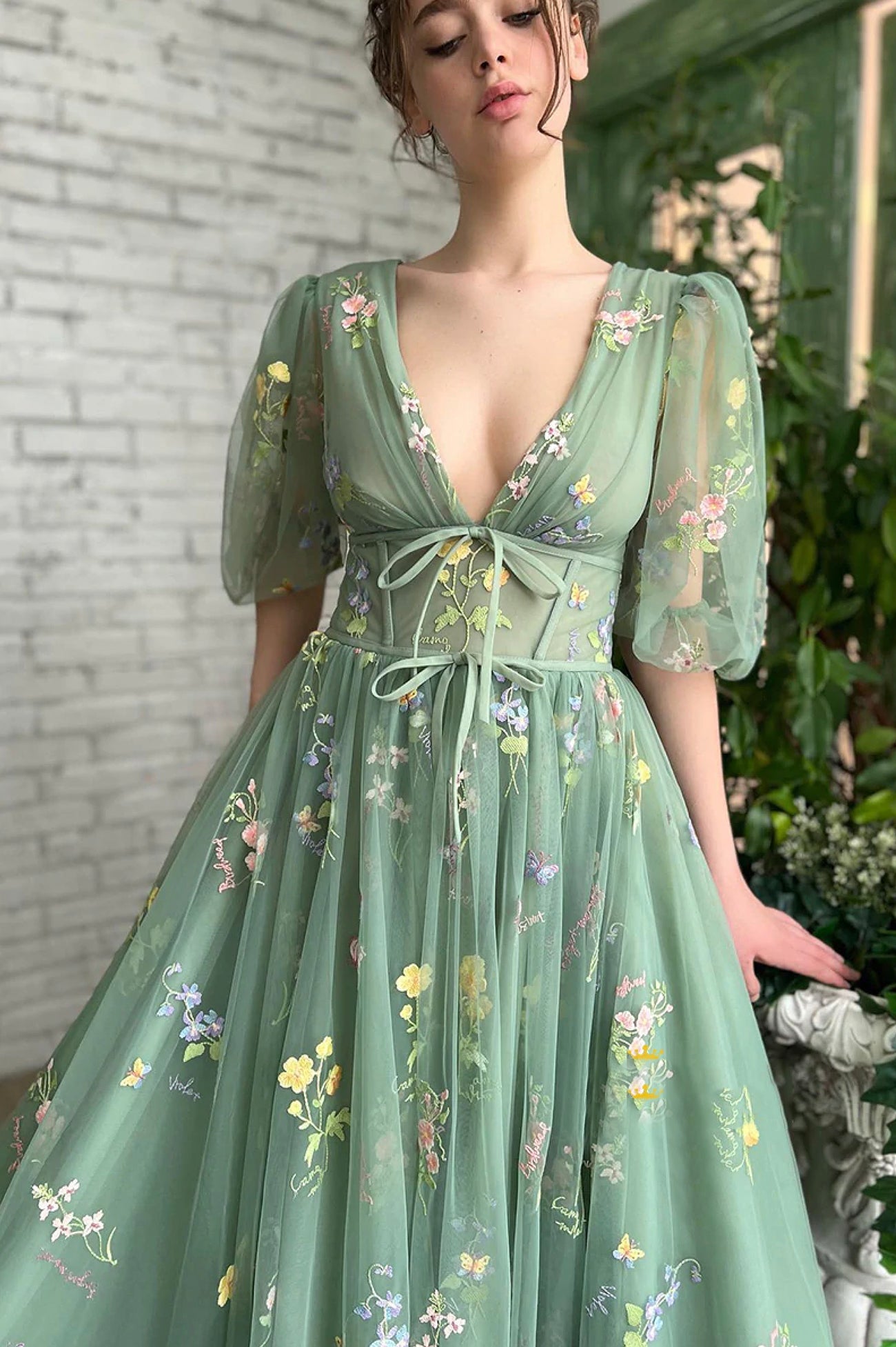 solvbao Green V-Neck Lace Long Prom Dress, A-Line Evening Dress