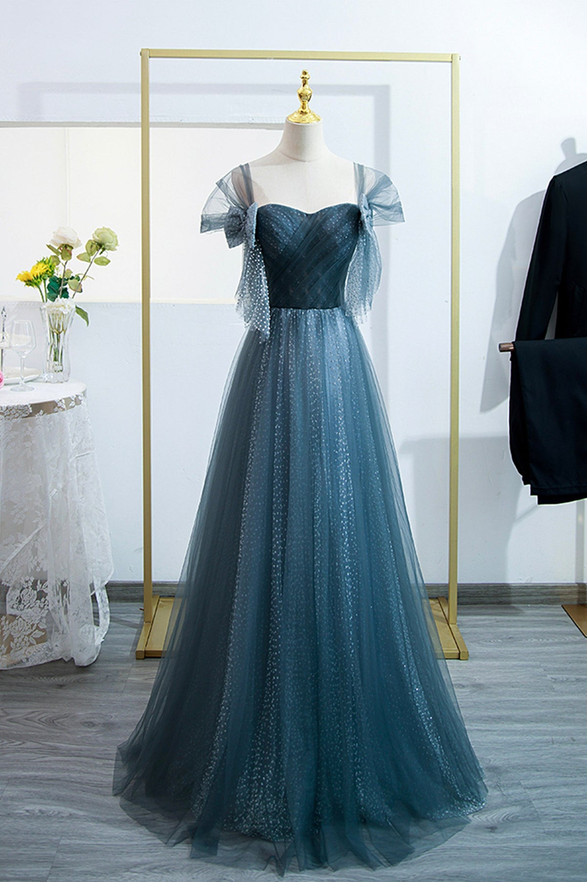 solvbao Blue Tulle Long A-Line Prom Dress, Lovely Blue Evening Party Dress