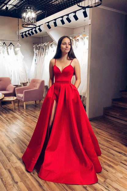 solvbao Red Satin Long Prom Dresses, A-Line Spaghetti Strap Evening Dresses