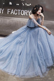 solvbao Blue Velvet Tulle Long Prom Dresses, A-Line Evening Dresses