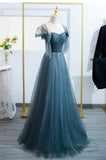 solvbao Blue Tulle Long A-Line Prom Dress, Lovely Blue Evening Party Dress