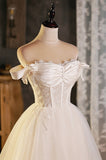 solvbao A-Line Tulle Short Prom Dress, Cute Champagne Off the Shoulder Party Dresses