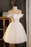 solvbao A-Line Tulle Short Prom Dress, Cute Champagne Off the Shoulder Party Dresses