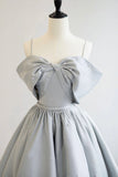 solvbao Gray Satin Long A-Line Prom Dress, Off the Shoulder Evening Dress with Pearls