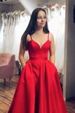 solvbao Red Satin Long Prom Dresses, A-Line Spaghetti Strap Evening Dresses