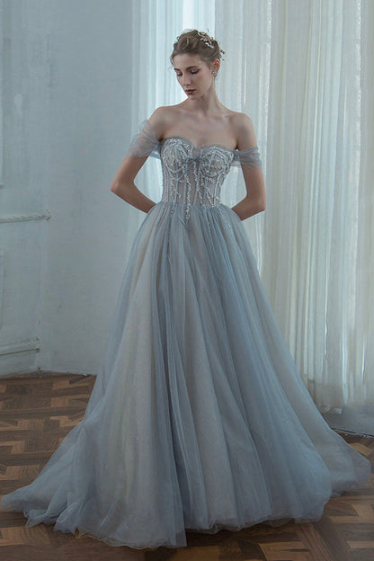 solvbao Gray Tulle Beaded Long Prom Dress, A-Line Off the Shoulder Evening Dress