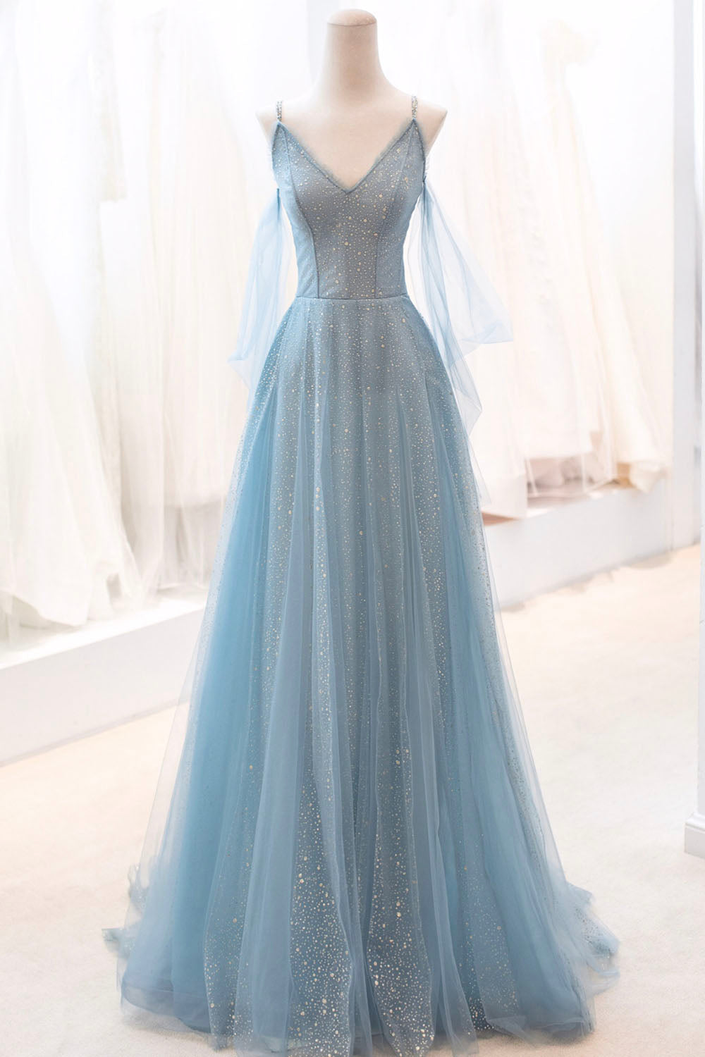 solvbao Blue Spaghetti Strap Tulle Long Prom Dress, V-Neck Evening Party Dress