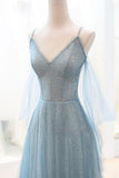 solvbao Blue Spaghetti Strap Tulle Long Prom Dress, V-Neck Evening Party Dress