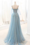 solvbao Blue Spaghetti Strap Tulle Long Prom Dress, V-Neck Evening Party Dress