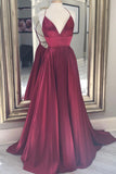 solvbao Burgundy Satin Long Prom Dresses, A-Line Backless Evening Dresses