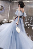 solvbao Blue Velvet Tulle Long Prom Dresses, A-Line Evening Dresses