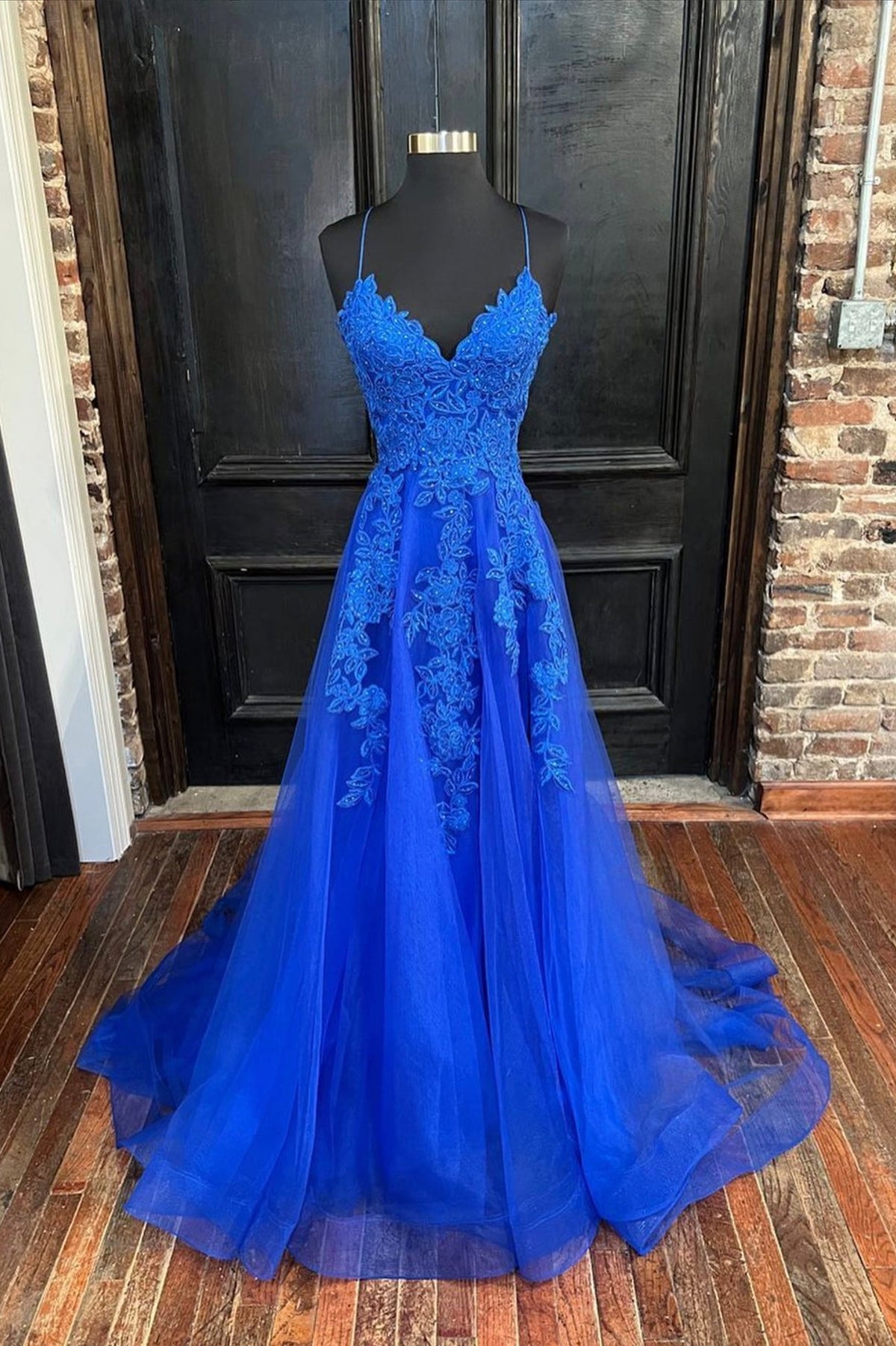 solvbao Blue V-Neck Tulle Long Prom Dresses, Elegant A-Line Lace Evening Dresses