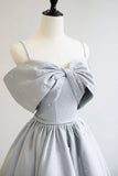 solvbao Gray Satin Long A-Line Prom Dress, Off the Shoulder Evening Dress with Pearls