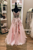 solvbao Pink Tulle Lace Long Prom Dresses, Lovely A-Line Evening Dresses