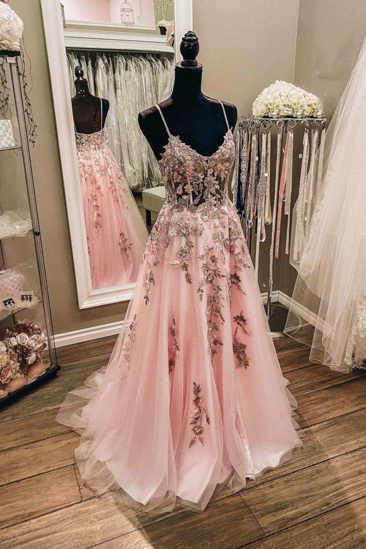 solvbao Pink Tulle Lace Long Prom Dresses, Lovely A-Line Evening Dresses