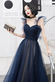 solvbao Blue Tulle Long Floor Length Prom Dress, A-Line Evening Dress