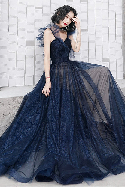 solvbao Blue Tulle Long Floor Length Prom Dress, A-Line Evening Dress