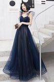 solvbao Blue Tulle Long Floor Length Prom Dress, A-Line Evening Dress