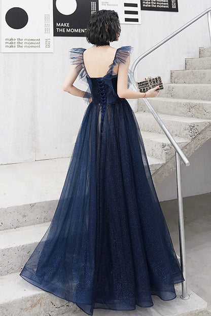 solvbao Blue Tulle Long Floor Length Prom Dress, A-Line Evening Dress