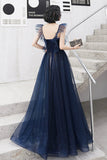 solvbao Blue Tulle Long Floor Length Prom Dress, A-Line Evening Dress