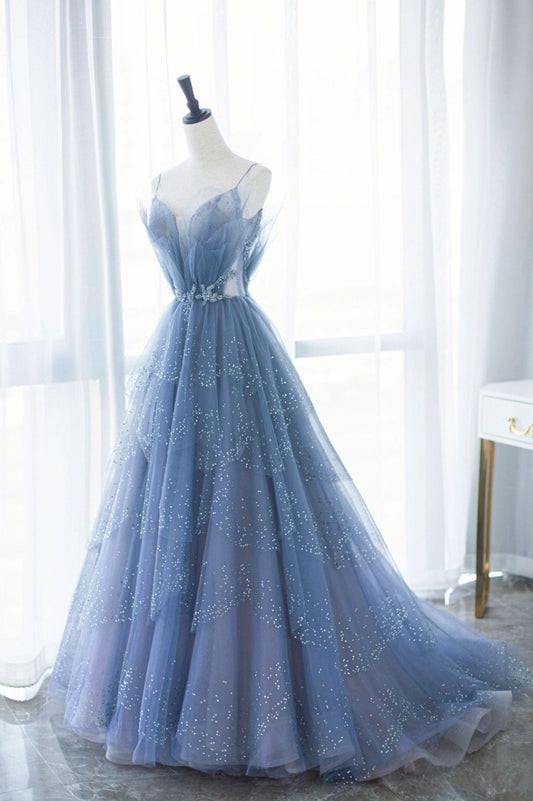 solvbao Blue Tulle Long A-Line Prom Dresses, Blue Evening Dresses with Beaded