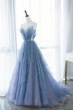 solvbao Blue Tulle Long A-Line Prom Dresses, Blue Evening Dresses with Beaded