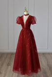 solvbao Burgundy Tulle Sequins Tea Length Prom Dress, A-Line Evening Dress