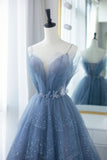 solvbao Blue Tulle Long A-Line Prom Dresses, Blue Evening Dresses with Beaded