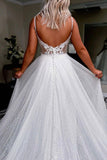 solvbao White V-Neck Tulle Long Prom Dresses, A-Line Lace Evening Dresses